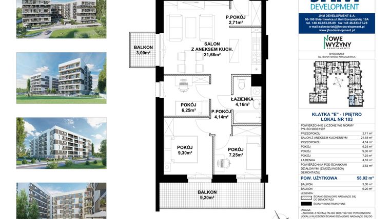 Rzut - Mieszkanie na sprzedaż 4 pokoje o powierzchni 57,91 m² - numer E103 w Nowe Wyżyny Apartamenty
