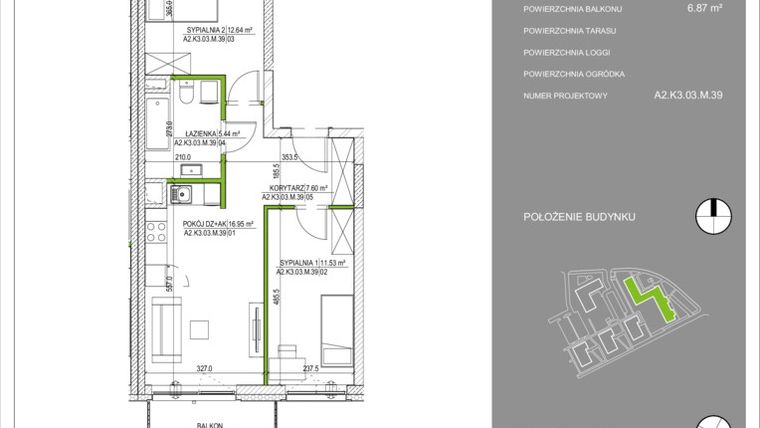 Rzut - Mieszkanie na sprzedaż 3 pokoje o powierzchni 55,98 m² - numer A2.39 w Osiedle Naturalnie