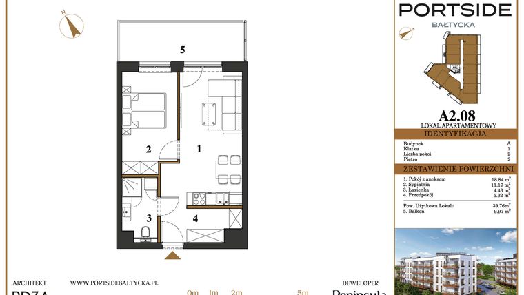 Rzut - Mieszkanie na sprzedaż 2 pokoje o powierzchni 39,76 m² - numer A2.08 w Portside Bałtycka