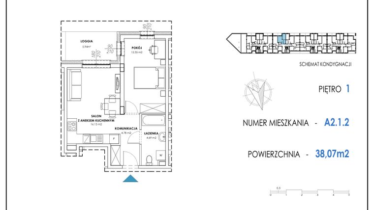 Rzut - Mieszkanie na sprzedaż 2 pokoje o powierzchni 38,07 m² - numer A2.1.2 w Apartamenty Nowe Miasto
