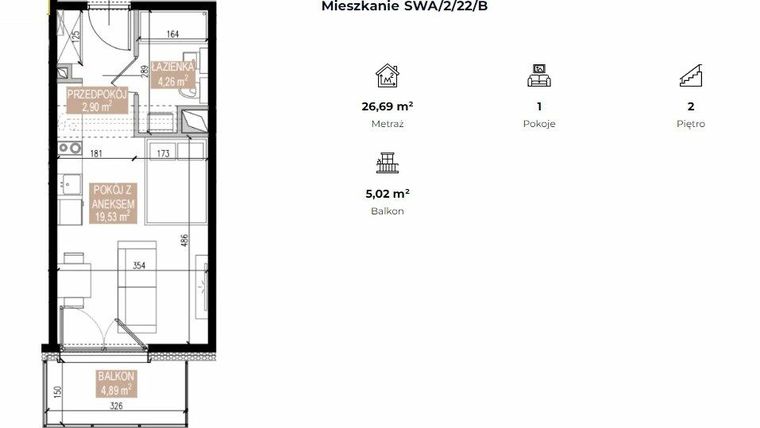 Rzut - Mieszkanie na sprzedaż 1 pokój o powierzchni 26,65 m² - numer SWA/2/22/B w Apartamenty Świeradowska