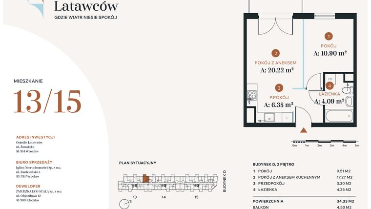 Rzut - Mieszkanie na sprzedaż 2 pokoje o powierzchni 34,33 m² - numer D13-15 w Osiedle Latawców