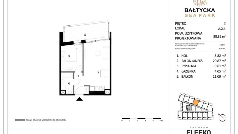 Rzut - Mieszkanie na sprzedaż 2 pokoje o powierzchni 38,35 m² - numer A.2.4 w Bałtycka Sea Park