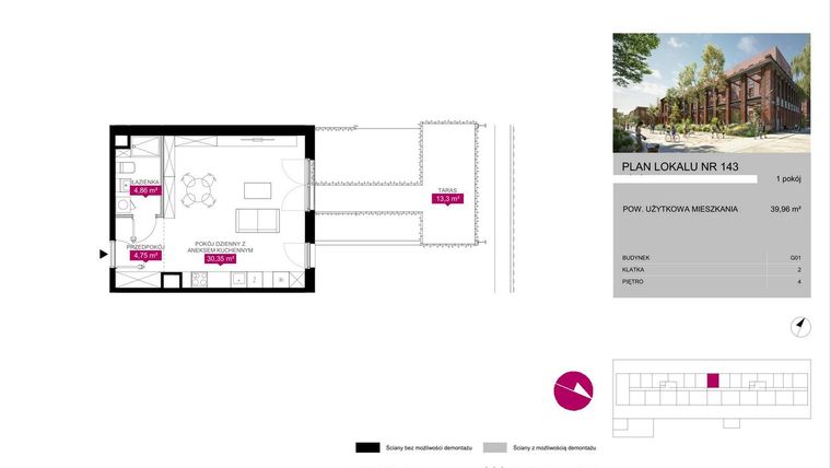 Rzut - Mieszkanie na sprzedaż 1 pokój o powierzchni 39,92 m² - numer 143 w Fuzja Mieszkania Loftowe