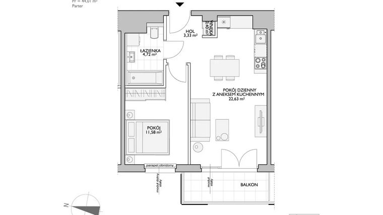 Rzut - Mieszkanie na sprzedaż 2 pokoje o powierzchni 44,01 m² - numer WO/P33/11 w Wiszące Ogrody