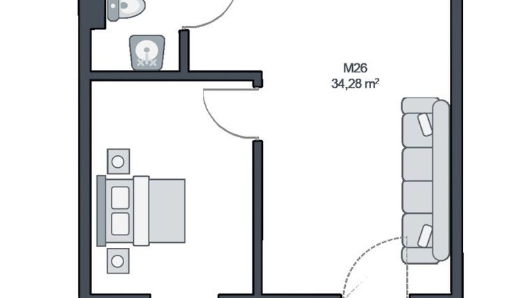 Rzut - Mieszkanie na sprzedaż 2 pokoje o powierzchni 34,28 m² - numer M26 w TARASY GĄSKI