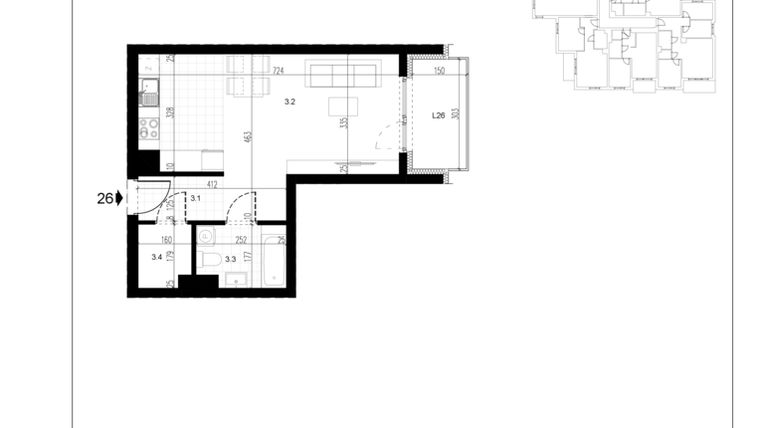 Rzut - Mieszkanie na sprzedaż 1 pokój o powierzchni 35,32 m² - numer M26 w Trybuny Ludów 3