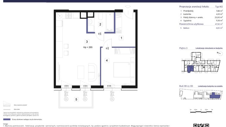 Rzut - Mieszkanie na sprzedaż 2 pokoje o powierzchni 47,92 m² - numer B3 – M3.6 w Primacasa