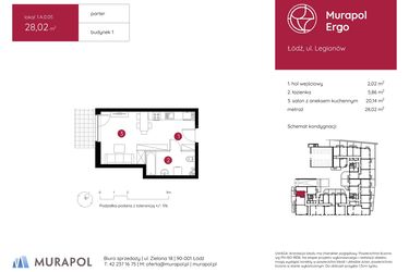 Rzut - Mieszkanie na sprzedaż 1 pokój o powierzchni 28,02 m² - numer 1.A.0.05 w Murapol Ergo