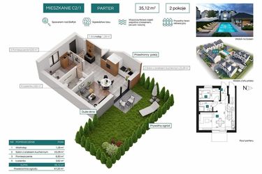Rzut - Mieszkanie na sprzedaż 2 pokoje o powierzchni 35,12 m² - numer C2/1 w Bałtycka Oaza