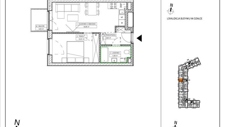 Rzut - Mieszkanie na sprzedaż 2 pokoje o powierzchni 38,98 m² - numer F3.3.M7 w Port Popowice