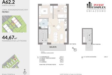 Rzut - Mieszkanie na sprzedaż 3 pokoje o powierzchni 44,67 m² - numer A62.2 w Osiedle Gwiazdowo etap 6B
