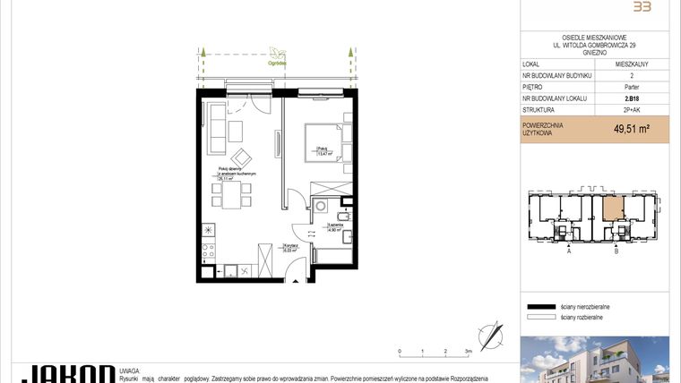 Rzut - Mieszkanie na sprzedaż 2 pokoje o powierzchni 49,51 m² - numer 2.B18 w Gombrowicza 33 - etap II