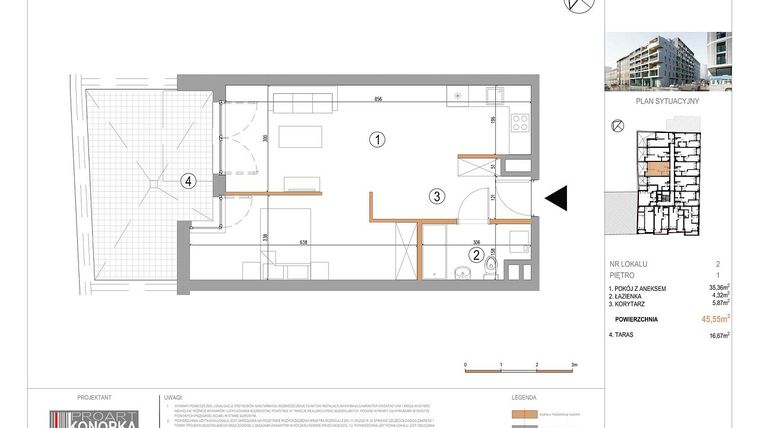Rzut - Mieszkanie na sprzedaż 1 pokój o powierzchni 45,55 m² - numer A1/2 w 5th Avenue Apartments