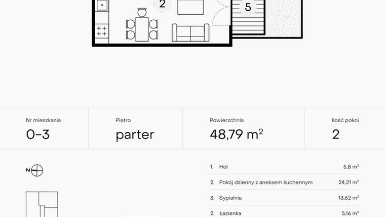 Rzut - Mieszkanie na sprzedaż 2 pokoje o powierzchni 48,79 m² - numer 0-3 w Pączka 1