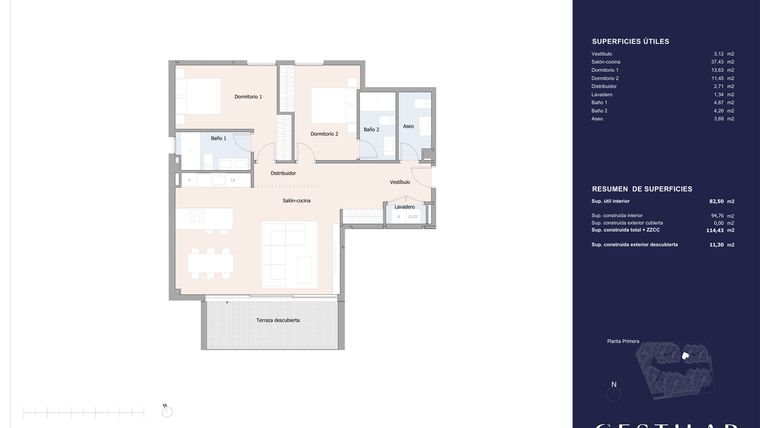 Rzut - Mieszkanie na sprzedaż 2 pokoje o powierzchni 94,76 m² - numer 71E w Isla Bela