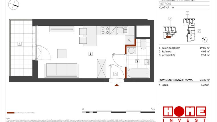 Rzut - Mieszkanie na sprzedaż 1 pokój o powierzchni 26,39 m² - numer B2-A043 w Warszawski Świt etap IX