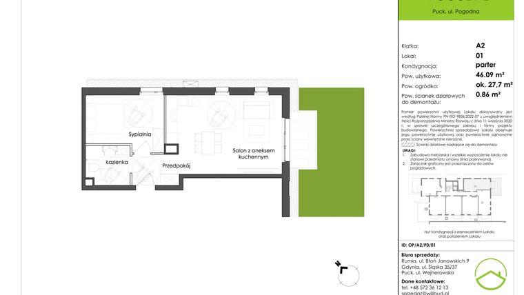 Rzut - Mieszkanie na sprzedaż 2 pokoje o powierzchni 46,09 m² - numer OP/A2/P0/01 w Osiedle Pogodne etap I