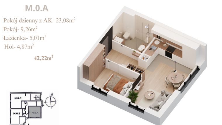 Rzut - Mieszkanie na sprzedaż 2 pokoje o powierzchni 42,22 m² - numer M.0.A w Konopnickiej 12