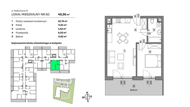 Rzut - Mieszkanie na sprzedaż 2 pokoje o powierzchni 45,36 m² - numer 60 w Nova Radiostacja