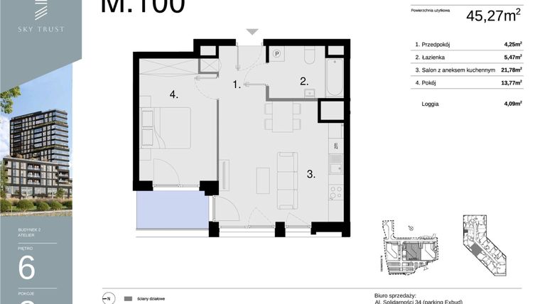 Rzut - Mieszkanie na sprzedaż 2 pokoje o powierzchni 45,27 m² - numer M100 w Sky Trust etap II