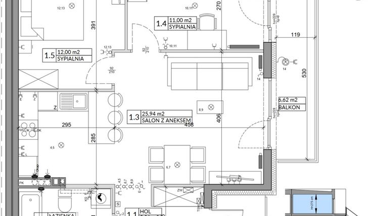 Rzut - Mieszkanie na sprzedaż 3 pokoje o powierzchni 61,55 m² - numer 42B w Osiedle Młodych etap V