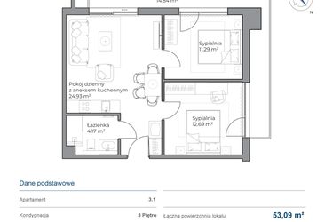 Rzut - Mieszkanie na sprzedaż 3 pokoje o powierzchni 53,09 m² - numer B.3.1 w Anchoria Holiday