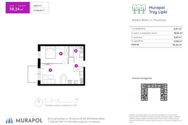 Rzut - Mieszkanie na sprzedaż 2 pokoje o powierzchni 39,24 m² - numer 2.A.3.03 w Murapol Trzy Lipki etap II