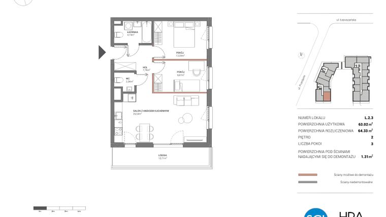 Rzut - Mieszkanie na sprzedaż 3 pokoje o powierzchni 64,45 m² - numer L.2.3 w Łopuszańska 47 - etap 4