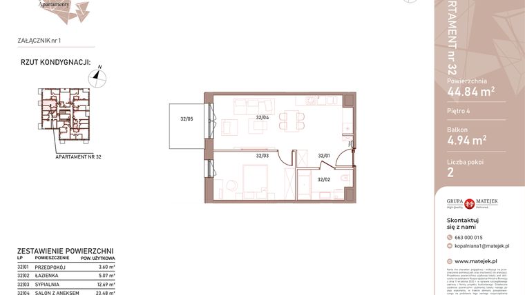 Rzut - Mieszkanie na sprzedaż 2 pokoje o powierzchni 44,84 m² - numer 32 w Kopalniana