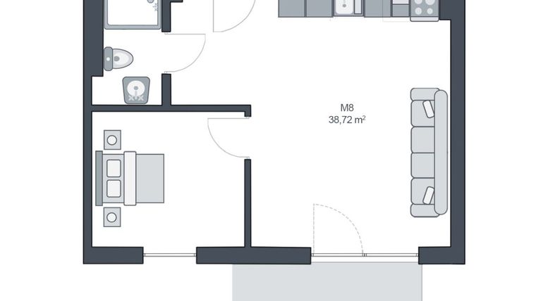 Rzut - Mieszkanie na sprzedaż 2 pokoje o powierzchni 38,72 m² - numer M8 w TARASY GĄSKI