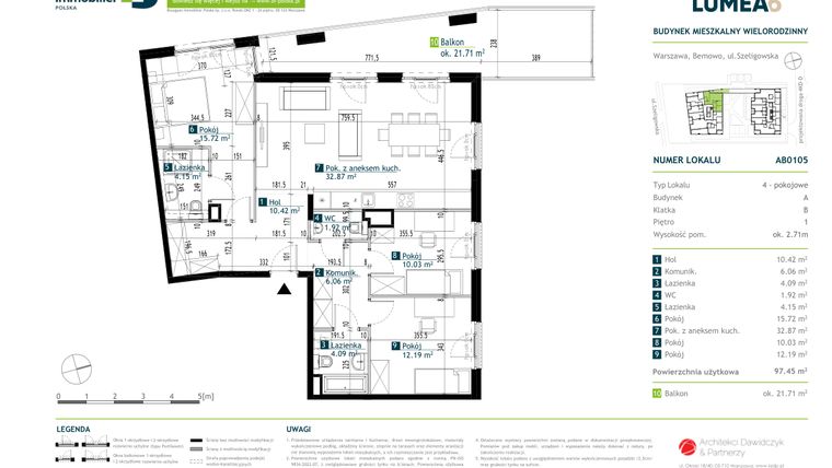 Rzut - Mieszkanie na sprzedaż 4 pokoje o powierzchni 97,52 m² - numer AB0105 w Osiedle Lumea 6