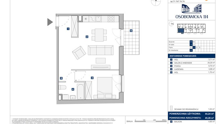 Rzut - Mieszkanie na sprzedaż 2 pokoje o powierzchni 44,24 m² - numer A.6 w Osobowicka 114