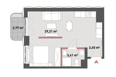 Rzut - Mieszkanie na sprzedaż 1 pokój o powierzchni 35,22 m² - numer A.04.02 w Żelazna 54