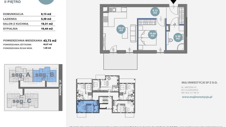 Rzut - Mieszkanie na sprzedaż 2 pokoje o powierzchni 42,27 m² - numer B2.5 w Nowy Radzionków