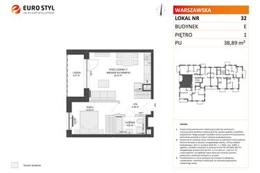 Rzut - Mieszkanie na sprzedaż 2 pokoje o powierzchni 38,89 m² - numer E.32 w Osiedle Warszawska