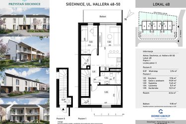 Rzut - Mieszkanie na sprzedaż 3 pokoje o powierzchni 61,16 m² - numer 4b w Przystań Siechnice