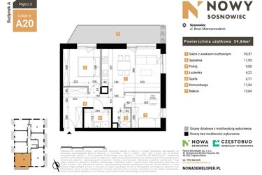 Rzut - Mieszkanie na sprzedaż 3 pokoje o powierzchni 59,84 m² - numer 20 w Nowy Sosnowiec