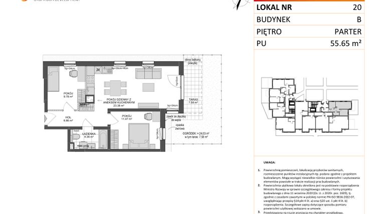 Rzut - Mieszkanie na sprzedaż 3 pokoje o powierzchni 55,65 m² - numer B.20 w Wzgórze Hoplity etap II