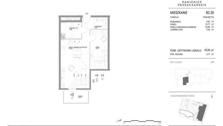 Rzut - Mieszkanie na sprzedaż 2 pokoje o powierzchni 45,03 m² - numer B2.28 w Kamienice Pruszczańskie