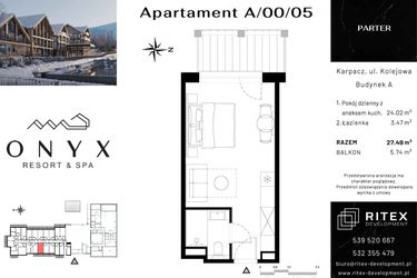 Rzut - Mieszkanie na sprzedaż 1 pokój o powierzchni 27,49 m² - numer 00.A5 w Onyx Resort & Spa