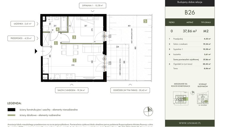 Rzut - Mieszkanie na sprzedaż 2 pokoje o powierzchni 37,86 m² - numer B26 w Quattro Ursynów