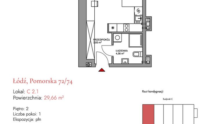 Rzut - Mieszkanie na sprzedaż 1 pokój o powierzchni 29,66 m² - numer C 2.1 w Melody Loft