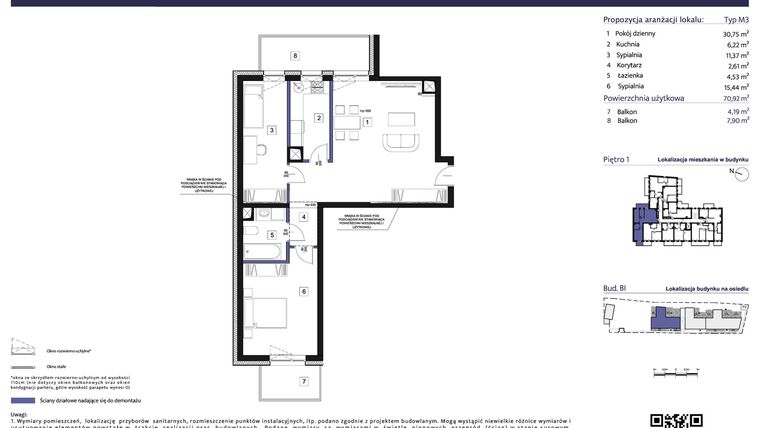 Rzut - Mieszkanie na sprzedaż 3 pokoje o powierzchni 70,92 m² - numer B1 – M1.6 w Primacasa