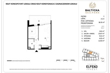 Rzut - Mieszkanie na sprzedaż 2 pokoje o powierzchni 38,35 m² - numer A.1.4 w Bałtycka Sea Park