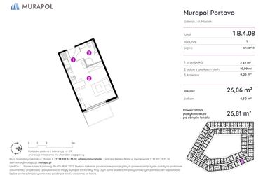 Rzut - Mieszkanie na sprzedaż 1 pokój o powierzchni 26,81 m² - numer 1.B.4.08 w Murapol Portovo etap II
