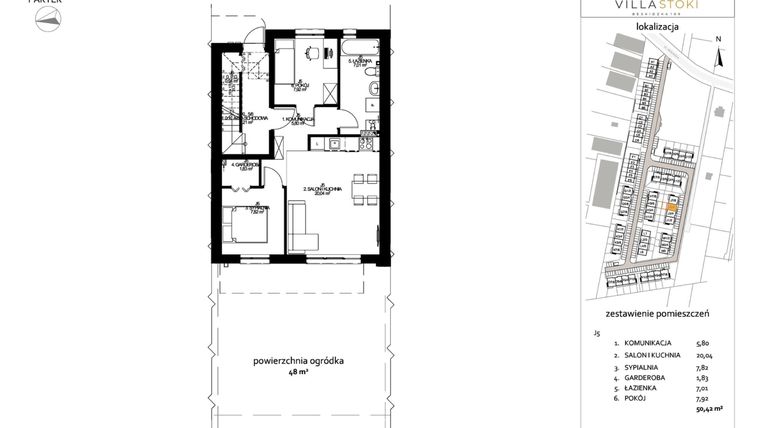Rzut - Mieszkanie na sprzedaż 3 pokoje o powierzchni 50,42 m² - numer J5 w Villa Stoki (mieszkania)