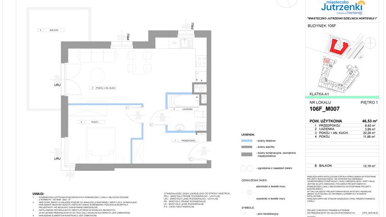 Rzut - Mieszkanie na sprzedaż 2 pokoje o powierzchni 46,53 m² - numer 106F/M007 w Miasteczko Jutrzenki Dzielnica Hortensji