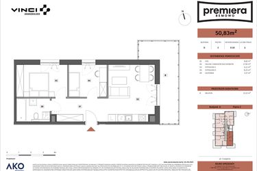 Rzut - Mieszkanie na sprzedaż 3 pokoje o powierzchni 50,83 m² - numer D.10 w Premiera Bemowo