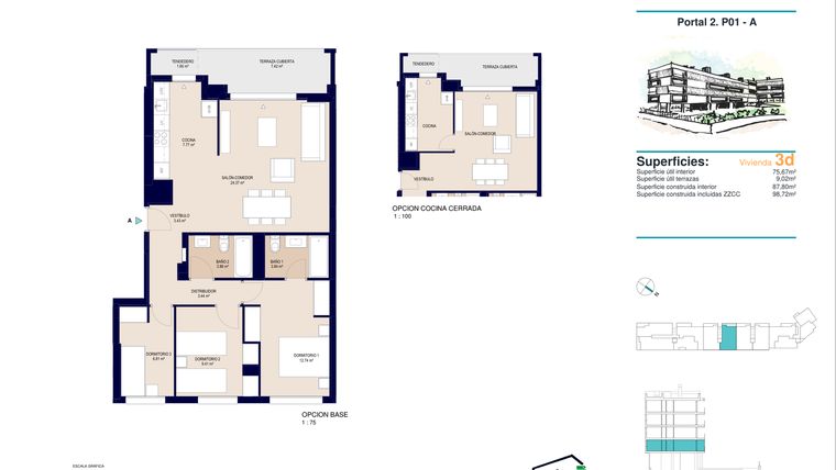 Rzut - Mieszkanie na sprzedaż 3 pokoje o powierzchni 98,72 m² - numer 1-A w Apartamenty w Alicante - 78385858